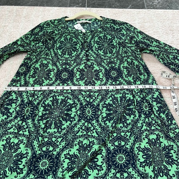 NWT LOFT Green Navy Long Sleeve Dress Knee Length Plisse Pleat Puff Sleeve Small - Picture 8 of 13